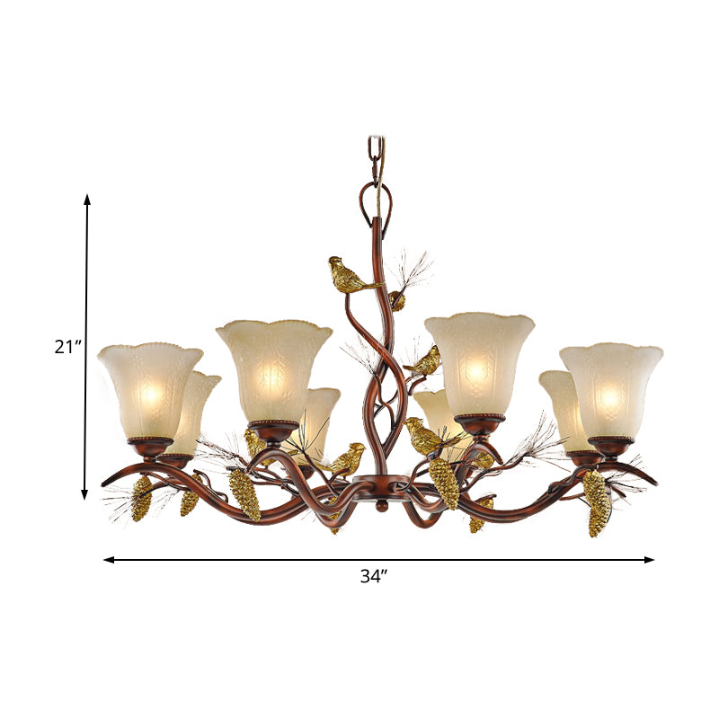 Flower Shaped Living Room Ceiling Chandelier Rustic Frosted Glass 3/6/8 Lights Brown Hanging Fixture with Bird Clearhalo 'Ceiling Lights' 'Chandeliers' 'Glass shade' 'Glass' Lighting' 229563