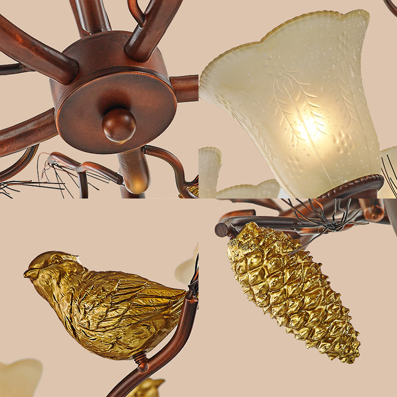 Flower Shaped Living Room Ceiling Chandelier Rustic Frosted Glass 3/6/8 Lights Brown Hanging Fixture with Bird Clearhalo 'Ceiling Lights' 'Chandeliers' 'Glass shade' 'Glass' Lighting' 229564