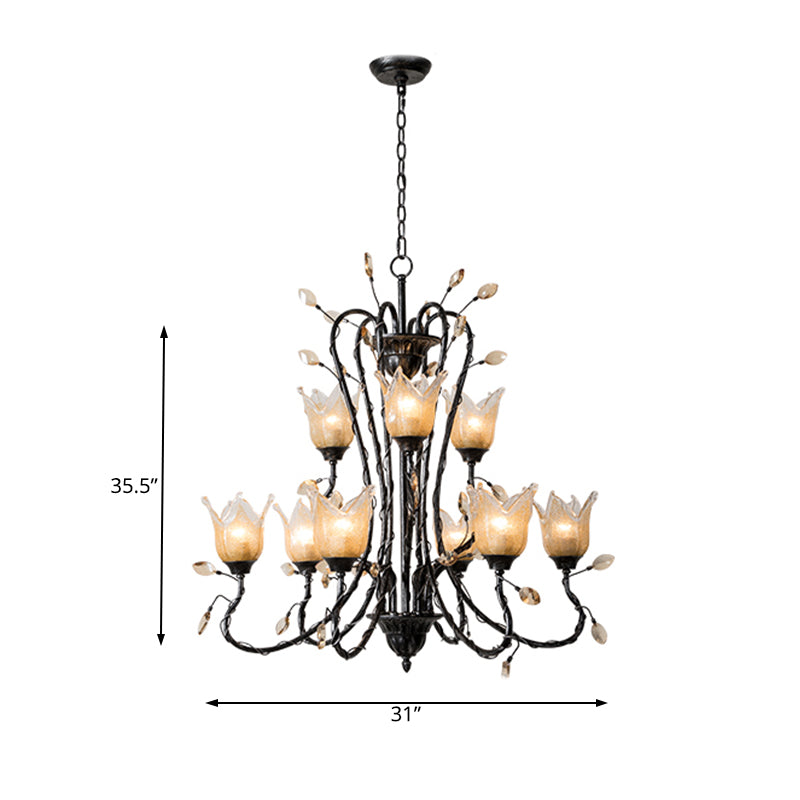 Black 9 Lights Chandelier Light Fixture Country Amber Glass Flower Shaped Pendant Lamp for Dining Room Clearhalo 'Ceiling Lights' 'Chandeliers' 'Glass shade' 'Glass' Lighting' 229568