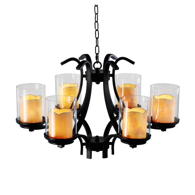 6 Lights Dining Room Ceiling Lamp Country Black Chandelier Light with Cylinder Marble and Clear Glass Shade Clearhalo 'Ceiling Lights' 'Chandeliers' Lighting' options 229592