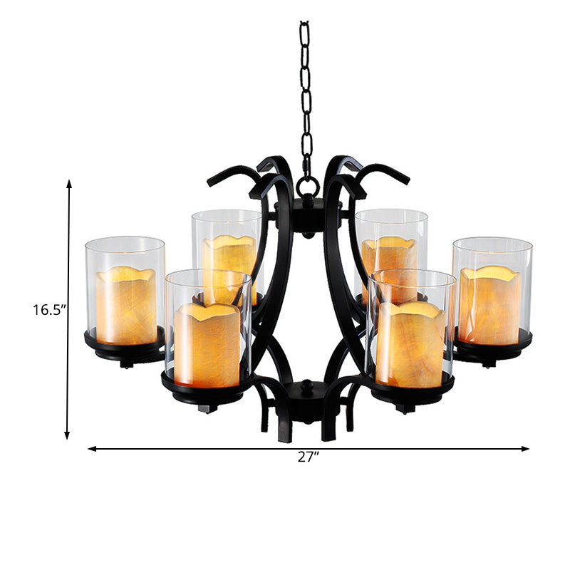 6 Lights Dining Room Ceiling Lamp Country Black Chandelier Light with Cylinder Marble and Clear Glass Shade Clearhalo 'Ceiling Lights' 'Chandeliers' Lighting' options 229593