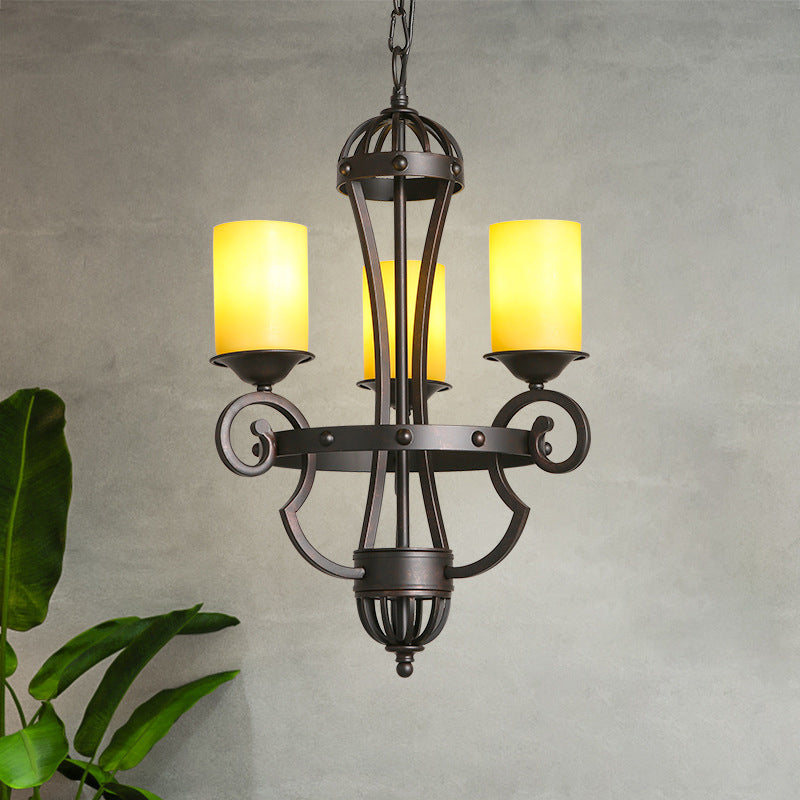 3 Lights Dining Room Chandelier Light Rustic Black Hanging Fixture with Cylinder Yellow Glass Shade Clearhalo 'Ceiling Lights' 'Chandeliers' 'Close To Ceiling Lights' 'Glass shade' 'Glass' Lighting' 229597