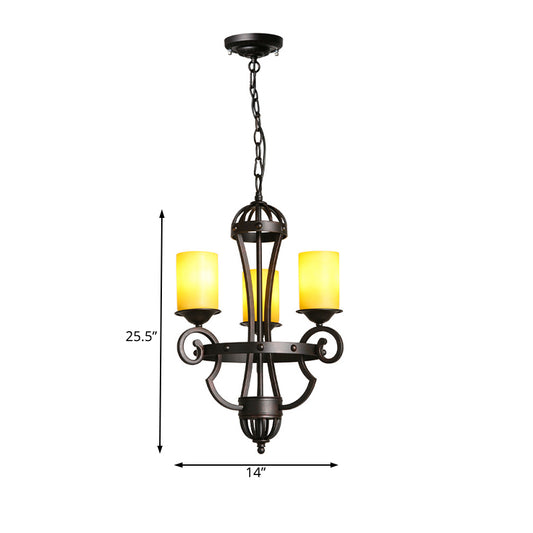 3 Lights Dining Room Chandelier Light Rustic Black Hanging Fixture with Cylinder Yellow Glass Shade Clearhalo 'Ceiling Lights' 'Chandeliers' 'Close To Ceiling Lights' 'Glass shade' 'Glass' Lighting' 229599