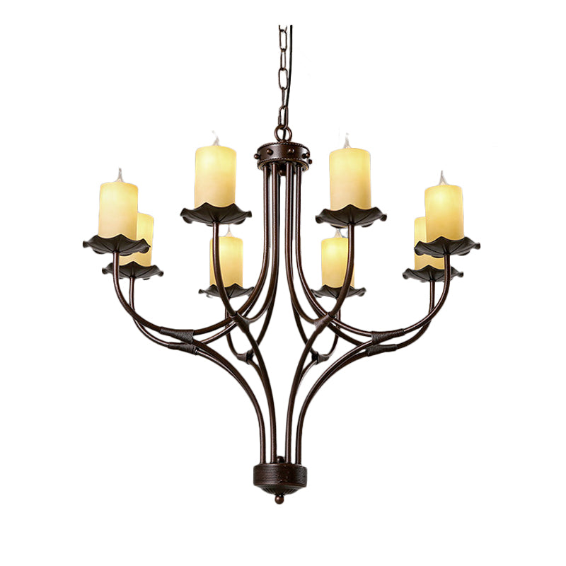 8 Lights Yellow Glass Hanging Chandelier Country Bronze Candle Shaped Living Room Pendant Light Fixture Clearhalo 'Ceiling Lights' 'Chandeliers' 'Close To Ceiling Lights' 'Glass shade' 'Glass' Lighting' 229602