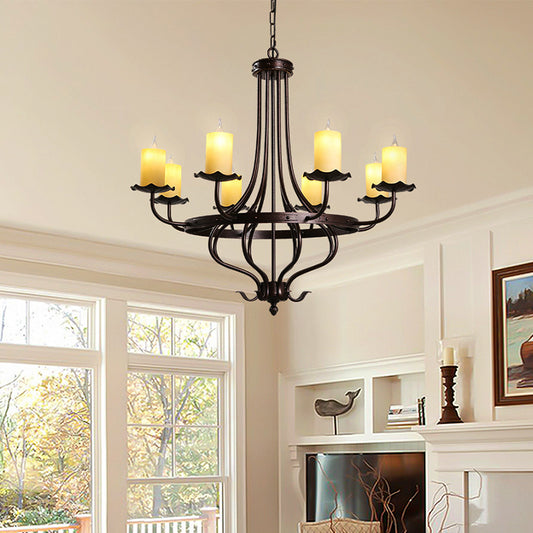 Candle Yellow Glass Chandelier Lamp Country 8 Lights Dining Room Pendant Lighting in Bronze Bronze Clearhalo 'Ceiling Lights' 'Chandeliers' 'Close To Ceiling Lights' 'Glass shade' 'Glass' Lighting' 229604