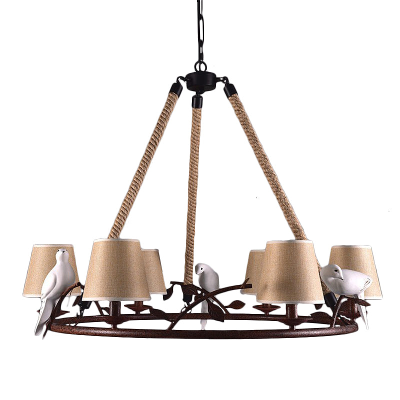 Wheel Metal Chandelier Lighting Vintage 6 Lights Dining Room Pendant Lighting in Rust with Tapered Fabric Shade Clearhalo 'Ceiling Lights' 'Chandeliers' Lighting' options 229611