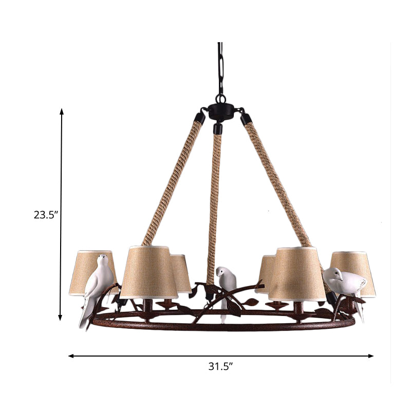 Wheel Metal Chandelier Lighting Vintage 6 Lights Dining Room Pendant Lighting in Rust with Tapered Fabric Shade Clearhalo 'Ceiling Lights' 'Chandeliers' Lighting' options 229612