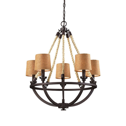 Semi-Circle Cage Bedroom Pendant Chandelier Country Metal 5 Lights Bronze Hanging Fixture with Fabric Shade Clearhalo 'Ceiling Lights' 'Chandeliers' Lighting' options 229615