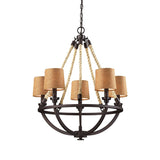 Semi-Circle Cage Bedroom Pendant Chandelier Country Metal 5 Lights Bronze Hanging Fixture with Fabric Shade Clearhalo 'Ceiling Lights' 'Chandeliers' Lighting' options 229615