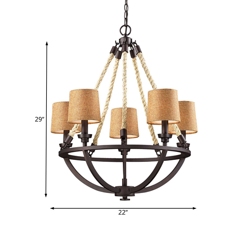 Semi-Circle Cage Bedroom Pendant Chandelier Country Metal 5 Lights Bronze Hanging Fixture with Fabric Shade Clearhalo 'Ceiling Lights' 'Chandeliers' Lighting' options 229616