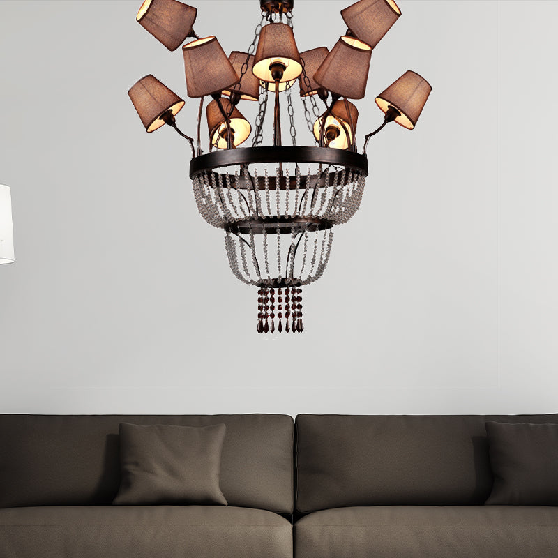 Brown 12 Lights Chandelier Lamp Country Crystal Circular Pendant Lighting for Dining Room with Fabric Shade Clearhalo 'Ceiling Lights' 'Chandeliers' Lighting' options 229621