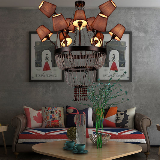 Brown 12 Lights Chandelier Lamp Country Crystal Circular Pendant Lighting for Dining Room with Fabric Shade Clearhalo 'Ceiling Lights' 'Chandeliers' Lighting' options 229622