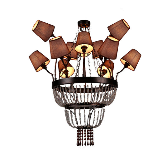 Brown 12 Lights Chandelier Lamp Country Crystal Circular Pendant Lighting for Dining Room with Fabric Shade Clearhalo 'Ceiling Lights' 'Chandeliers' Lighting' options 229623