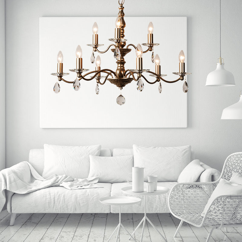 9/12/15 Lights Ceiling Light Country Candle Metal Hanging Chandelier in Champagne for Dining Room with Crystal Drop Clearhalo 'Ceiling Lights' 'Chandeliers' Lighting' options 229639