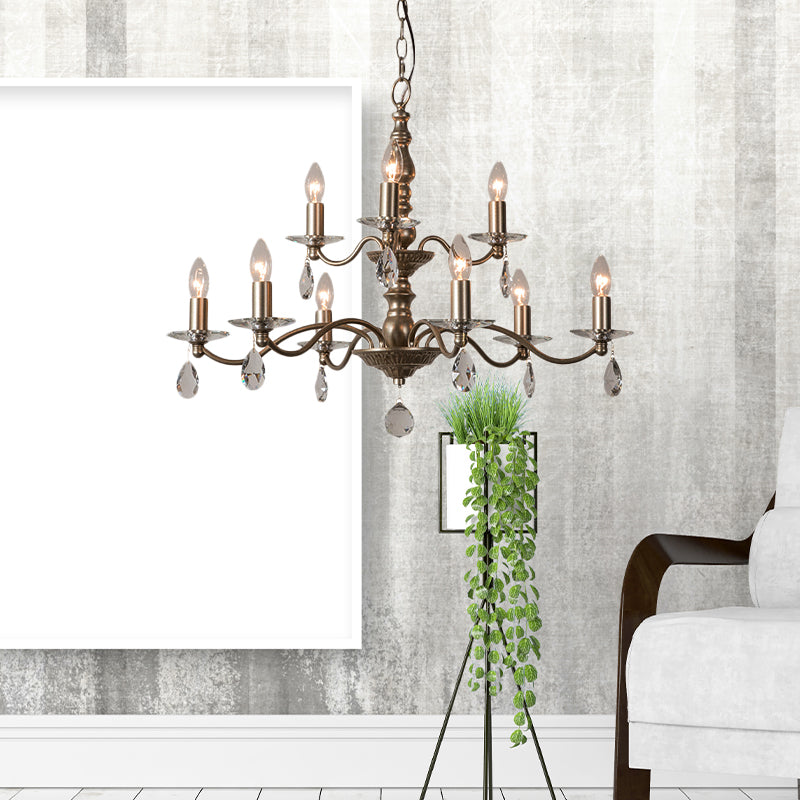 9/12/15 Lights Ceiling Light Country Candle Metal Hanging Chandelier in Champagne for Dining Room with Crystal Drop Clearhalo 'Ceiling Lights' 'Chandeliers' Lighting' options 229640