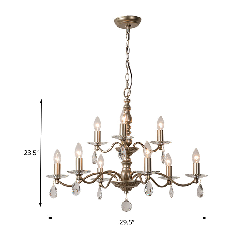 9/12/15 Lights Ceiling Light Country Candle Metal Hanging Chandelier in Champagne for Dining Room with Crystal Drop Clearhalo 'Ceiling Lights' 'Chandeliers' Lighting' options 229642