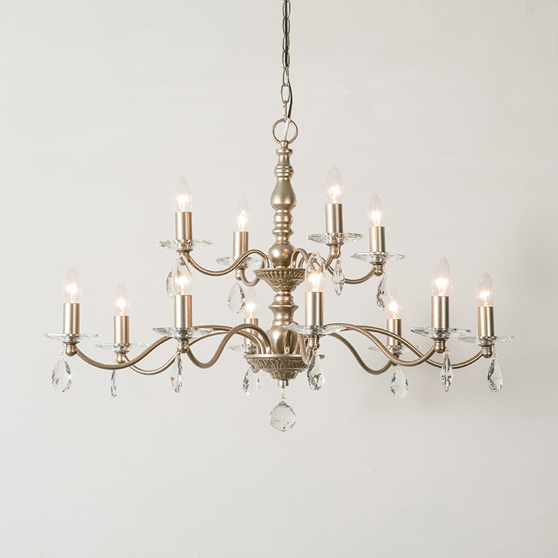 9/12/15 Lights Ceiling Light Country Candle Metal Hanging Chandelier in Champagne for Dining Room with Crystal Drop Clearhalo 'Ceiling Lights' 'Chandeliers' Lighting' options 229645