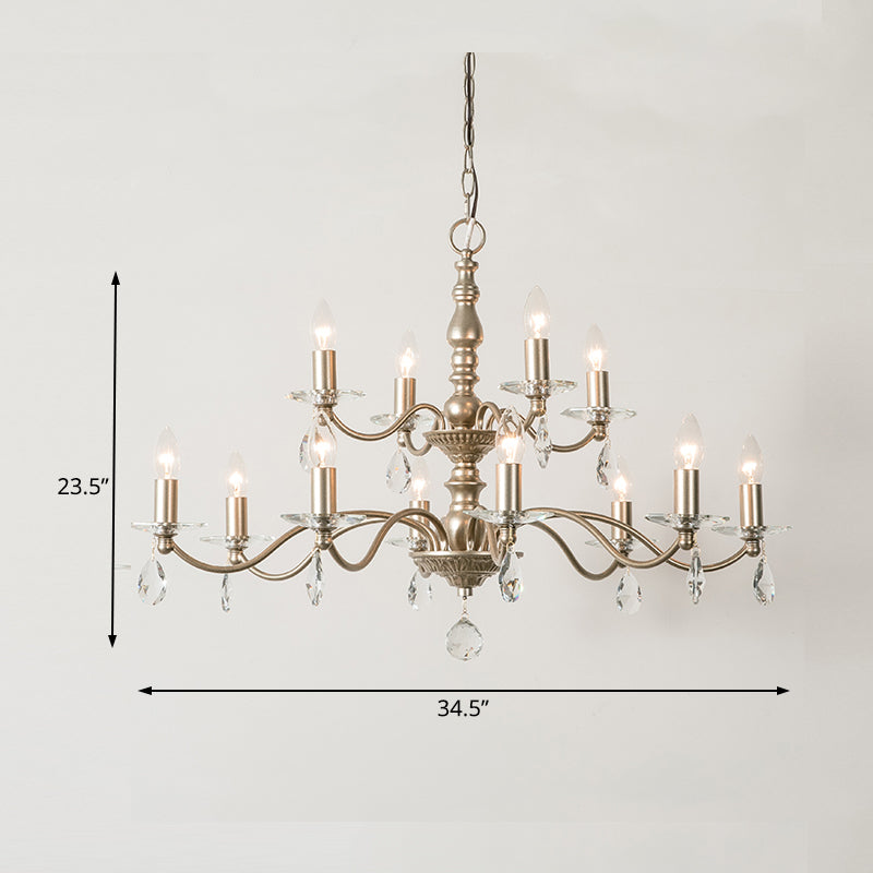 9/12/15 Lights Ceiling Light Country Candle Metal Hanging Chandelier in Champagne for Dining Room with Crystal Drop Clearhalo 'Ceiling Lights' 'Chandeliers' Lighting' options 229646