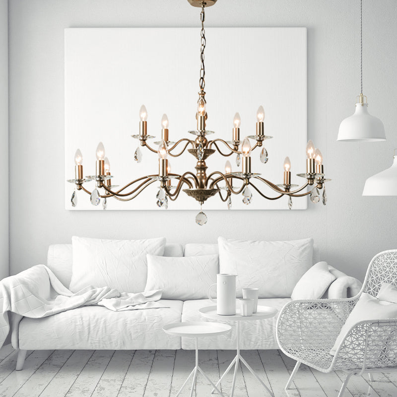 9/12/15 Lights Ceiling Light Country Candle Metal Hanging Chandelier in Champagne for Dining Room with Crystal Drop Clearhalo 'Ceiling Lights' 'Chandeliers' Lighting' options 229647