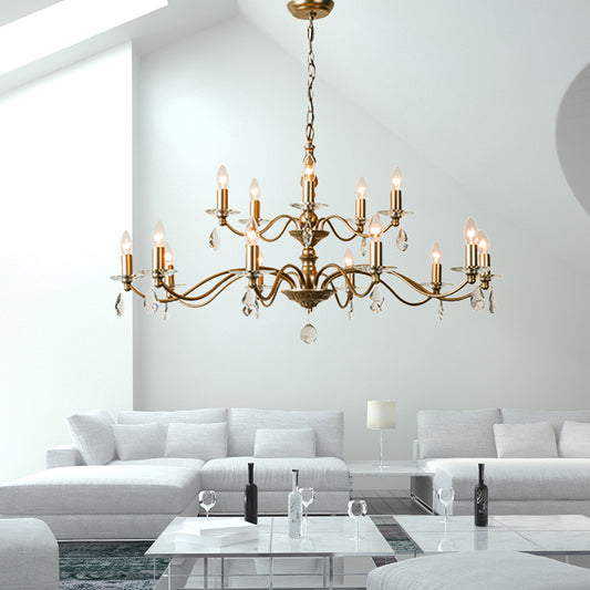 9/12/15 Lights Ceiling Light Country Candle Metal Hanging Chandelier in Champagne for Dining Room with Crystal Drop Clearhalo 'Ceiling Lights' 'Chandeliers' Lighting' options 229648