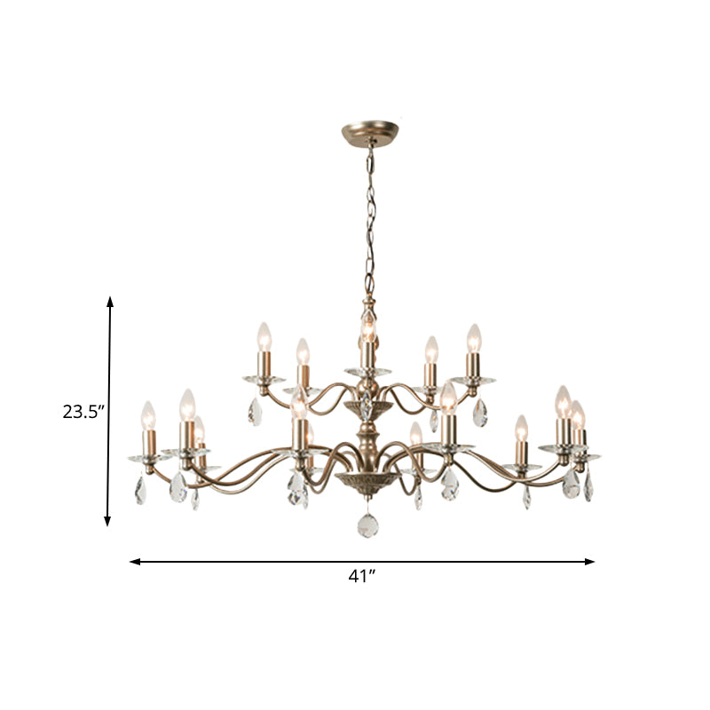 9/12/15 Lights Ceiling Light Country Candle Metal Hanging Chandelier in Champagne for Dining Room with Crystal Drop Clearhalo 'Ceiling Lights' 'Chandeliers' Lighting' options 229650