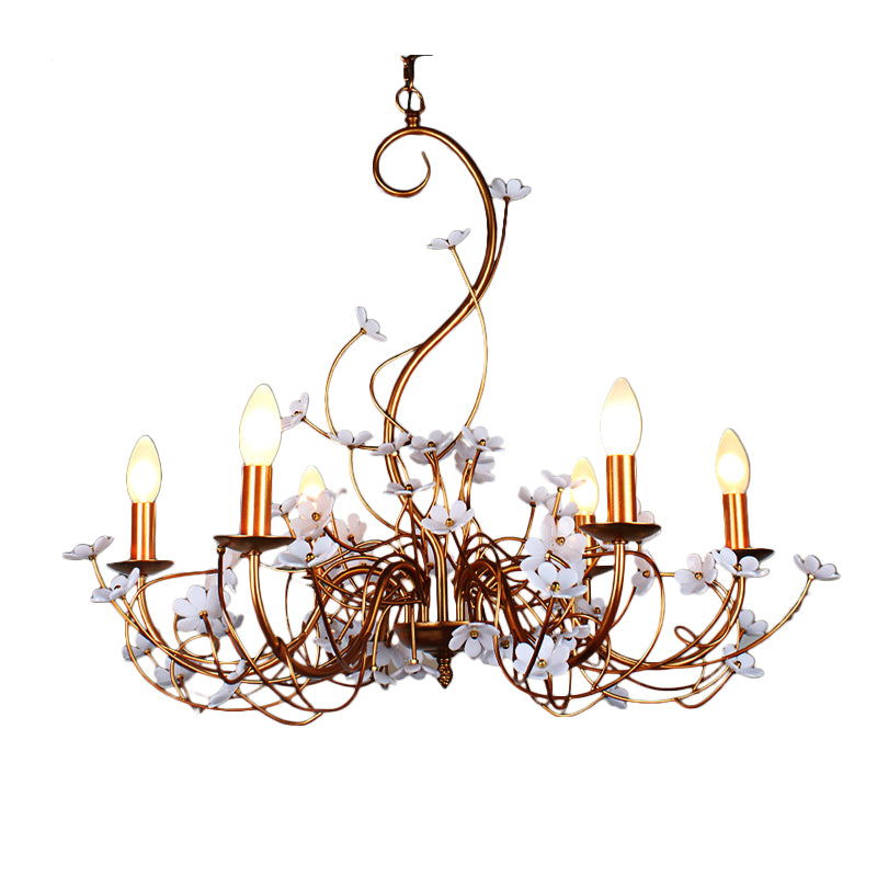 Gold Flower Shaped Chandelier Lamp Country Metal 6 Lights Living Room Hanging Light Clearhalo 'Ceiling Lights' 'Chandeliers' Lighting' options 229653