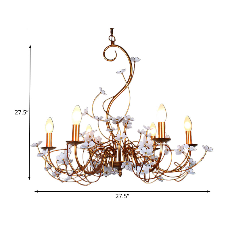 Gold Flower Shaped Chandelier Lamp Country Metal 6 Lights Living Room Hanging Light Clearhalo 'Ceiling Lights' 'Chandeliers' Lighting' options 229654