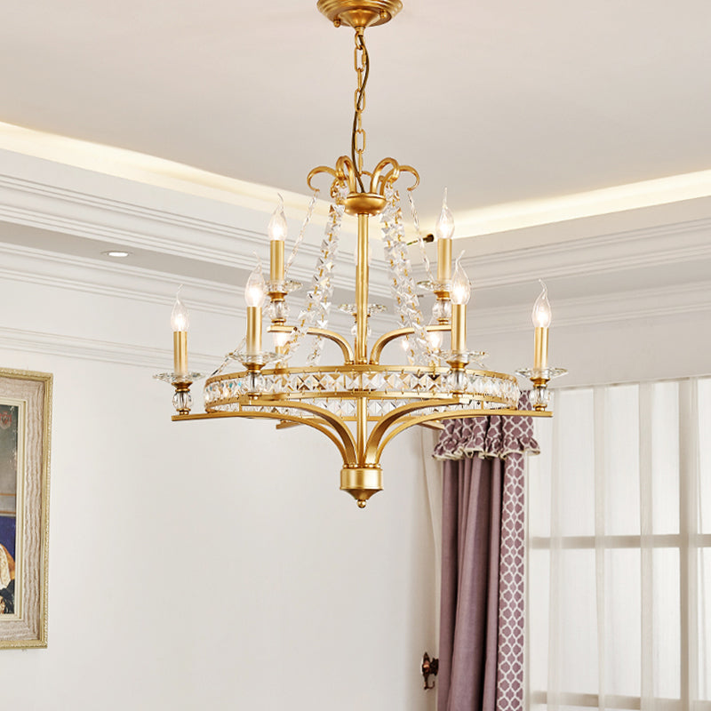 9 Lights Candle Chandelier Lighting Rustic Gold Metal Pendant Lamp for Dining Room with Crystal Beaded Strands Gold Clearhalo 'Ceiling Lights' 'Chandeliers' Lighting' options 229665_969a2fca-c63d-4791-8fbf-7b2b5f442a21