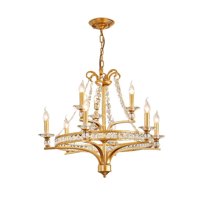 9 Lights Candle Chandelier Lighting Rustic Gold Metal Pendant Lamp for Dining Room with Crystal Beaded Strands Clearhalo 'Ceiling Lights' 'Chandeliers' Lighting' options 229667