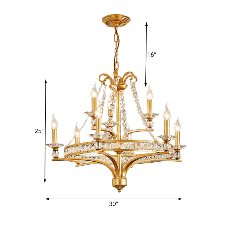 9 Lights Candle Chandelier Lighting Rustic Gold Metal Pendant Lamp for Dining Room with Crystal Beaded Strands Clearhalo 'Ceiling Lights' 'Chandeliers' Lighting' options 229668