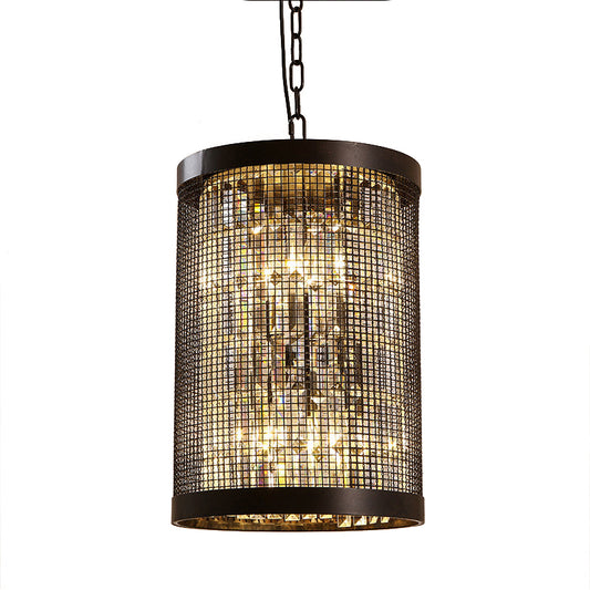 6 Lights Cylinder Chandelier Light Country Black Metal Hanging Ceiling Fixture for Dining Room with Clear Crystal Block Clearhalo 'Ceiling Lights' 'Chandeliers' Lighting' options 229672