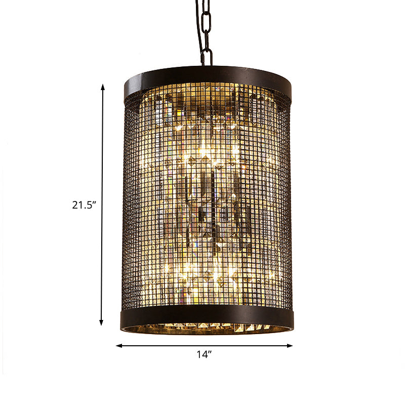 6 Lights Cylinder Chandelier Light Country Black Metal Hanging Ceiling Fixture for Dining Room with Clear Crystal Block Clearhalo 'Ceiling Lights' 'Chandeliers' Lighting' options 229673