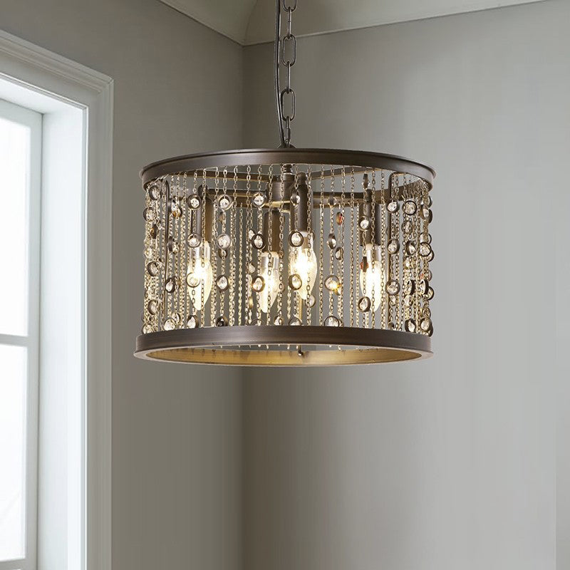 Metal Black Pendant Lamp Drum 4 Lights Rustic Chandelier Light Fixture for Dining Room with Crystal Beaded Strands Clearhalo 'Ceiling Lights' 'Chandeliers' Lighting' options 229675