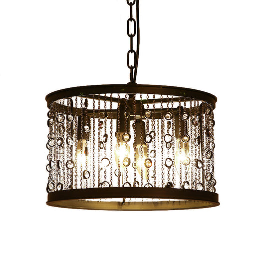 Metal Black Pendant Lamp Drum 4 Lights Rustic Chandelier Light Fixture for Dining Room with Crystal Beaded Strands Clearhalo 'Ceiling Lights' 'Chandeliers' Lighting' options 229676