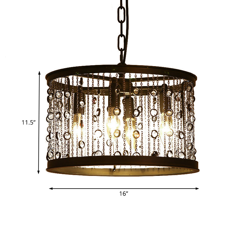 Metal Black Pendant Lamp Drum 4 Lights Rustic Chandelier Light Fixture for Dining Room with Crystal Beaded Strands Clearhalo 'Ceiling Lights' 'Chandeliers' Lighting' options 229677