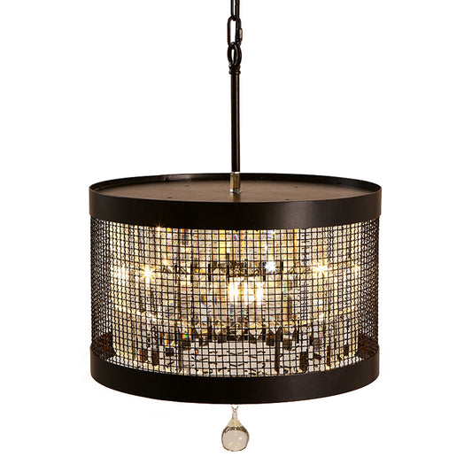 4 Lights Metal Hanging Chandelier Country Black Round Living Room Pendant Light Fixture with Crystal Block Clearhalo 'Ceiling Lights' 'Chandeliers' Lighting' options 229680