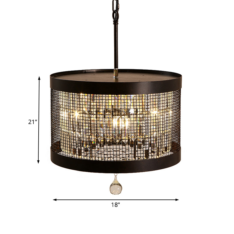 4 Lights Metal Hanging Chandelier Country Black Round Living Room Pendant Light Fixture with Crystal Block Clearhalo 'Ceiling Lights' 'Chandeliers' Lighting' options 229681