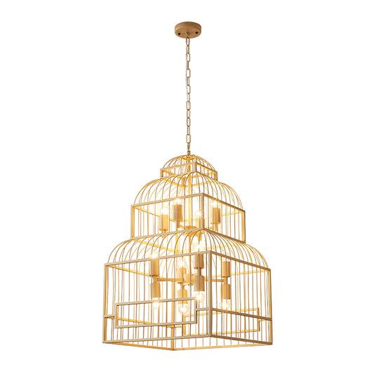 12 Lights Metal Chandelier Lighting Rustic Black/Wood Exposed Bulb Living Room Hanging Ceiling Fixture with Cage Clearhalo 'Ceiling Lights' 'Chandeliers' Lighting' options 229684