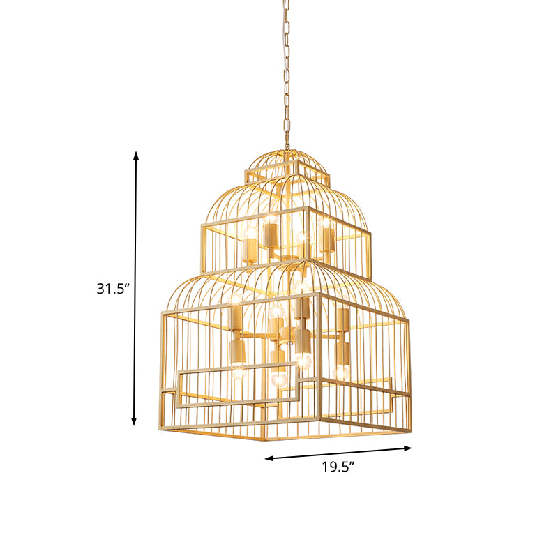 12 Lights Metal Chandelier Lighting Rustic Black/Wood Exposed Bulb Living Room Hanging Ceiling Fixture with Cage Clearhalo 'Ceiling Lights' 'Chandeliers' Lighting' options 229685