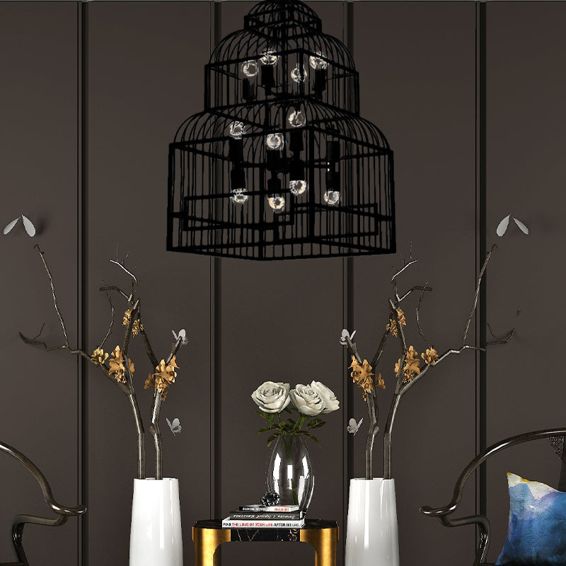 12 Lights Metal Chandelier Lighting Rustic Black/Wood Exposed Bulb Living Room Hanging Ceiling Fixture with Cage Clearhalo 'Ceiling Lights' 'Chandeliers' Lighting' options 229686