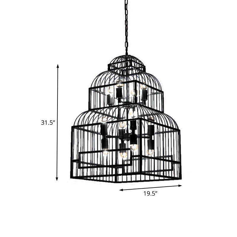 12 Lights Metal Chandelier Lighting Rustic Black/Wood Exposed Bulb Living Room Hanging Ceiling Fixture with Cage Clearhalo 'Ceiling Lights' 'Chandeliers' Lighting' options 229688