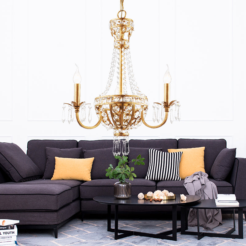 Candle Crystal Chandelier Lamp Country 3 Lights Dining Room Pendant Lighting in Gold Clearhalo 'Ceiling Lights' 'Chandeliers' Lighting' options 229689