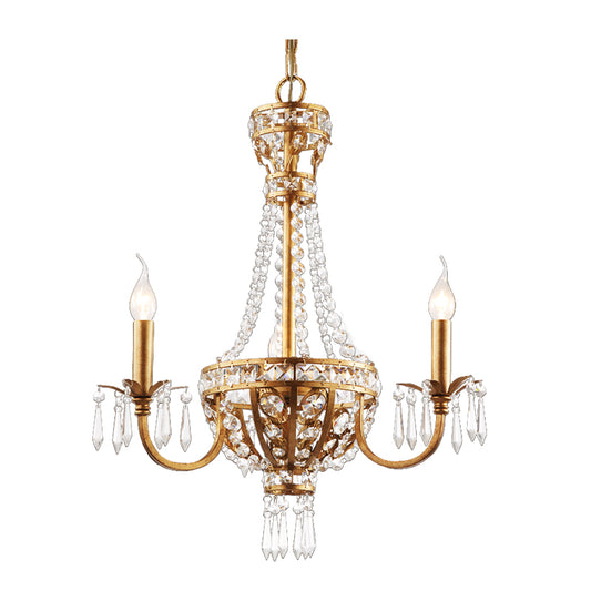 Candle Crystal Chandelier Lamp Country 3 Lights Dining Room Pendant Lighting in Gold Clearhalo 'Ceiling Lights' 'Chandeliers' Lighting' options 229691