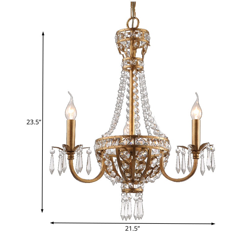 Candle Crystal Chandelier Lamp Country 3 Lights Dining Room Pendant Lighting in Gold Clearhalo 'Ceiling Lights' 'Chandeliers' Lighting' options 229692