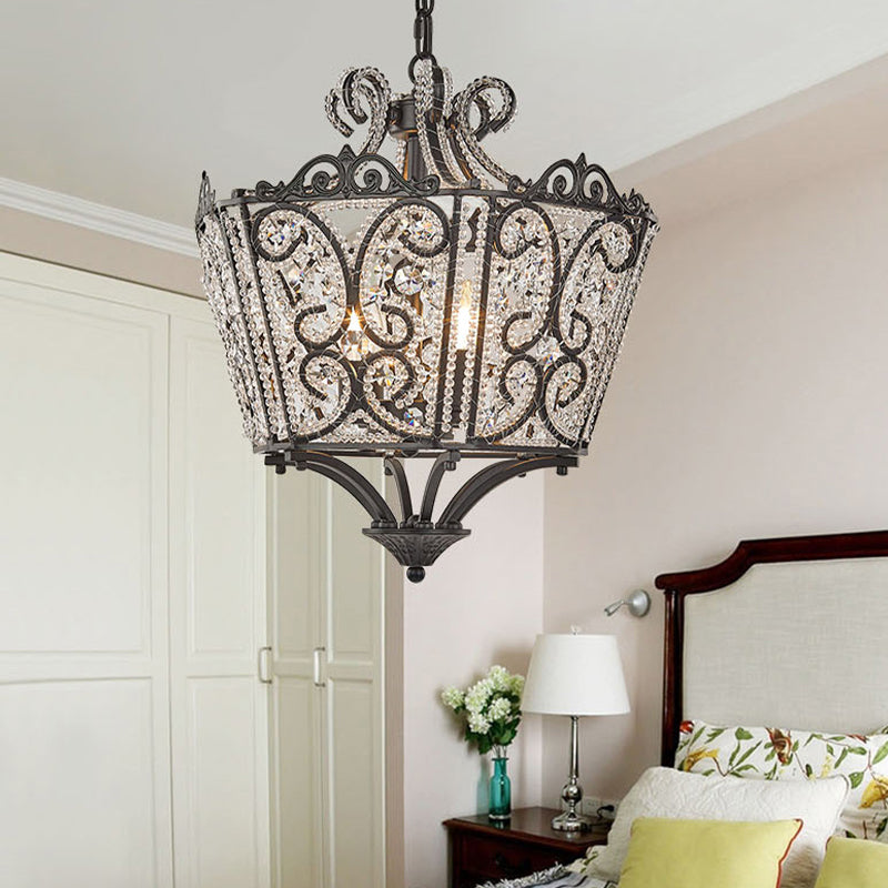 Lantern Bedroom Pendant Chandelier Country Crystal 4 Lights Black Hanging Fixture Clearhalo 'Ceiling Lights' 'Chandeliers' Lighting' options 229697