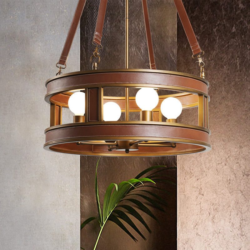 Brown Round Chandelier Lamp Country Style Metal 4 Lights Living Room Hanging Fixture Clearhalo 'Ceiling Lights' 'Chandeliers' Lighting' options 229712