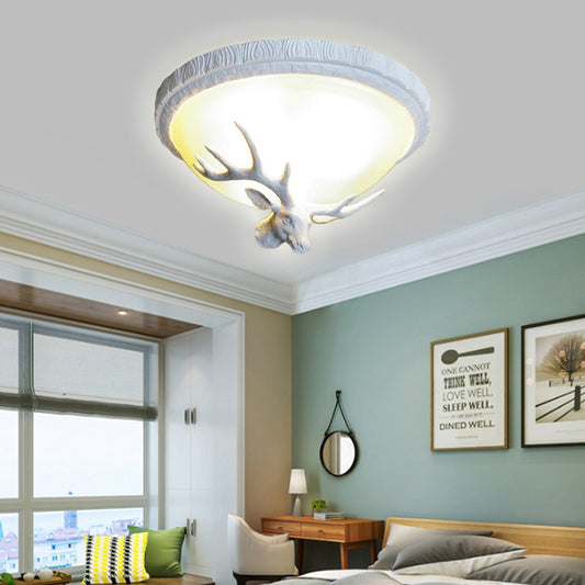 3 Light Domed Flush Mount Lamp Countryside White Glass Ceiling Mounted Fixture for Bedroom with Elk Decoration White Clearhalo 'Ceiling Lights' 'Close To Ceiling Lights' 'Close to ceiling' 'Flush mount' Lighting' 229717