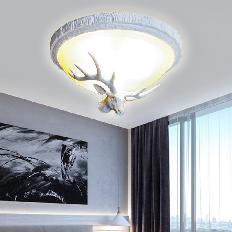 3 Light Domed Flush Mount Lamp Countryside White Glass Ceiling Mounted Fixture for Bedroom with Elk Decoration Clearhalo 'Ceiling Lights' 'Close To Ceiling Lights' 'Close to ceiling' 'Flush mount' Lighting' 229718