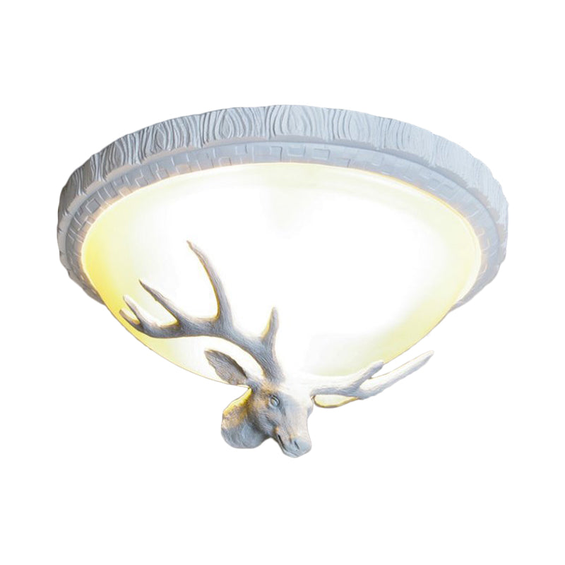 3 Light Domed Flush Mount Lamp Countryside White Glass Ceiling Mounted Fixture for Bedroom with Elk Decoration Clearhalo 'Ceiling Lights' 'Close To Ceiling Lights' 'Close to ceiling' 'Flush mount' Lighting' 229719