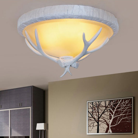 Bowl Frosted Glass Flush Fixture Country Style 3 Light Living Room Flush Lamp in White with Elk Pattern White Clearhalo 'Ceiling Lights' 'Close To Ceiling Lights' 'Close to ceiling' 'Flush mount' Lighting' 229721